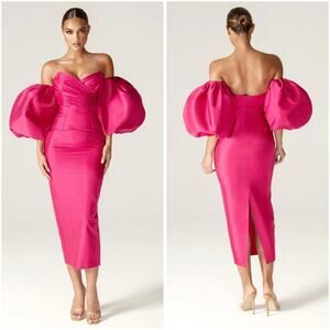 Alieva Pink Tiffany Dupioni Puff Sleeve Midi Dress XS NWT